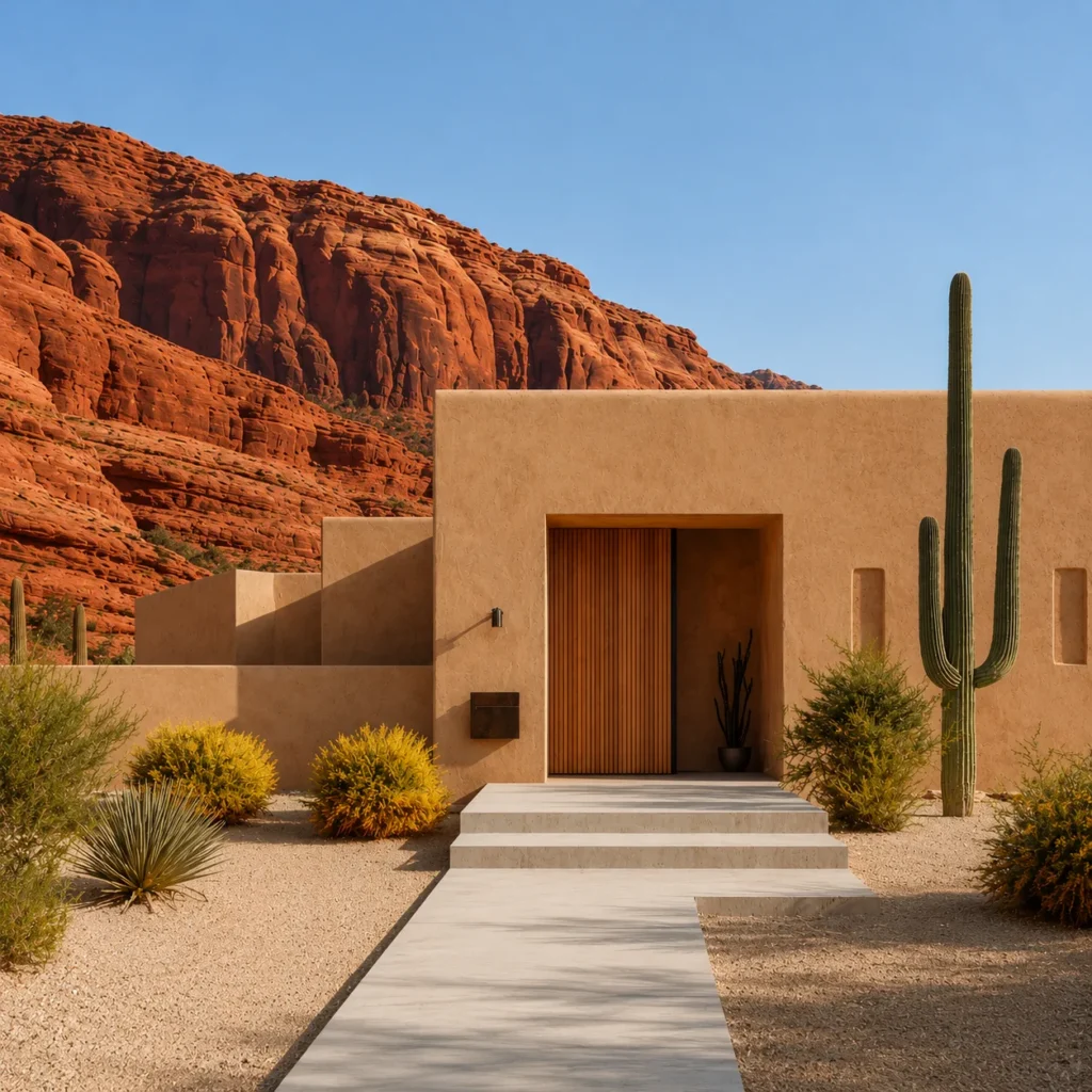desert style house with red mountains in background