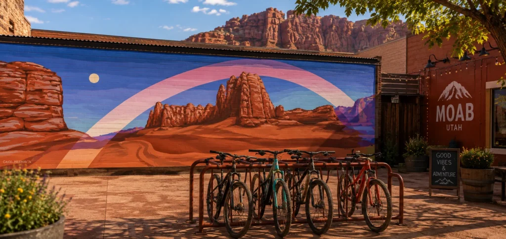 building wall painted like Moab with bikes in front